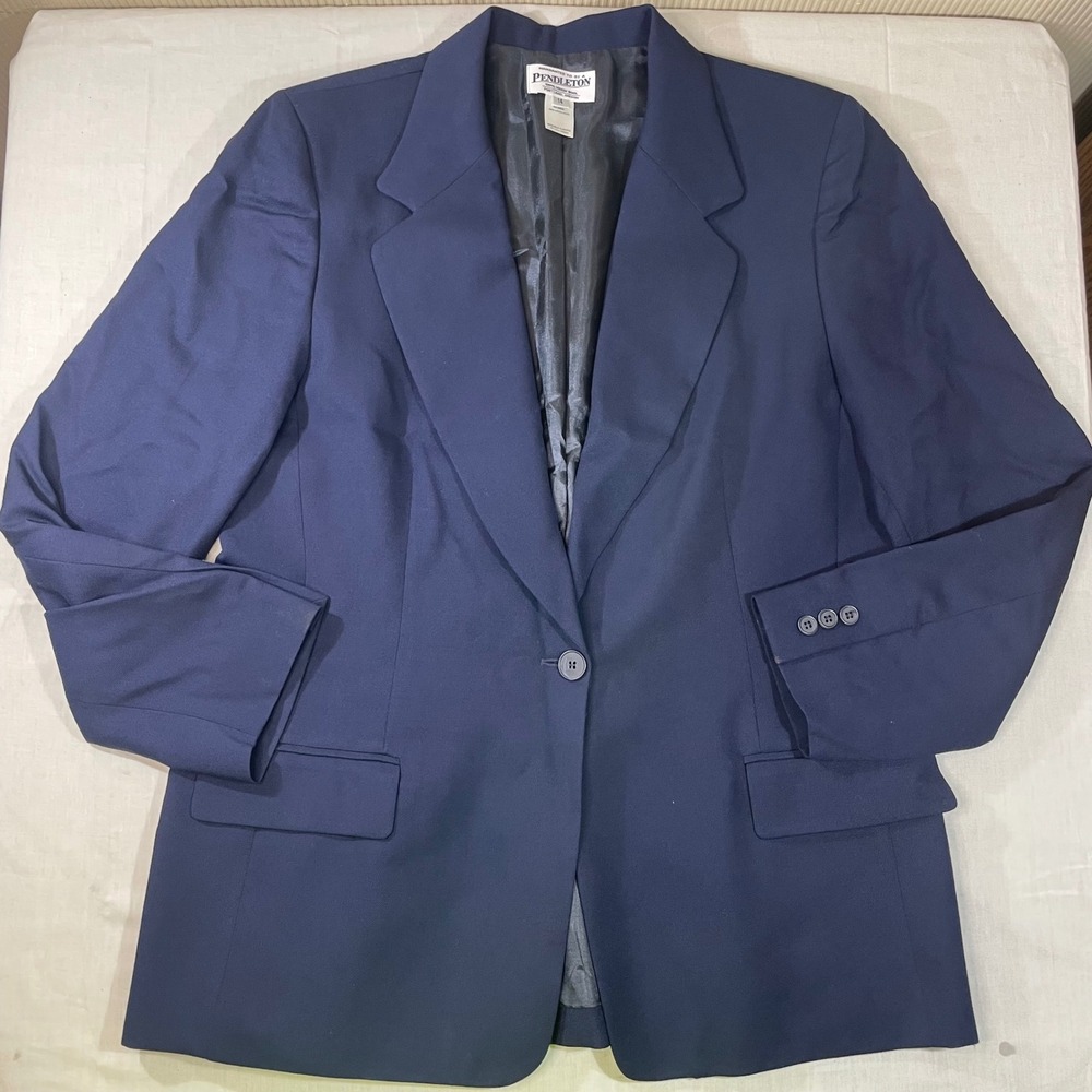 Pendleton Navy Blue 100% Virgin Wool Single Button Blazer Jacket Size 14